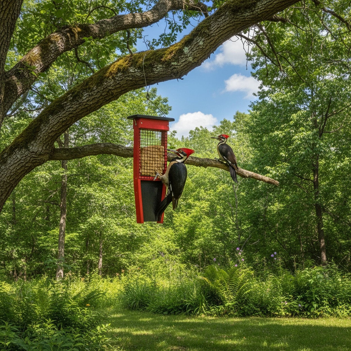 Pileated Woodpecker suet bird feeder by AmishToyBox.com holding two suet cakes, designed for attracting woodpeckers.