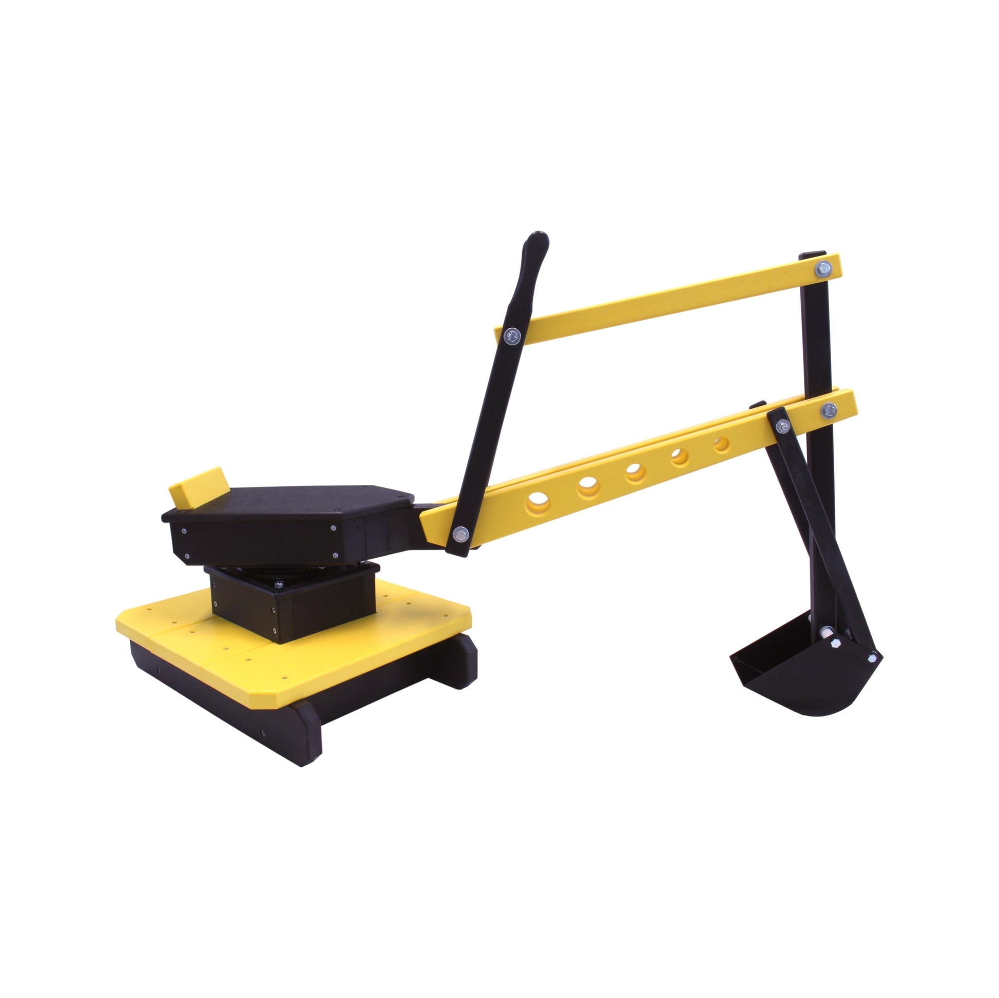 AmishToyBox.com sand digger excavator toy with movable levers and metal digging bucket on a play surface.
