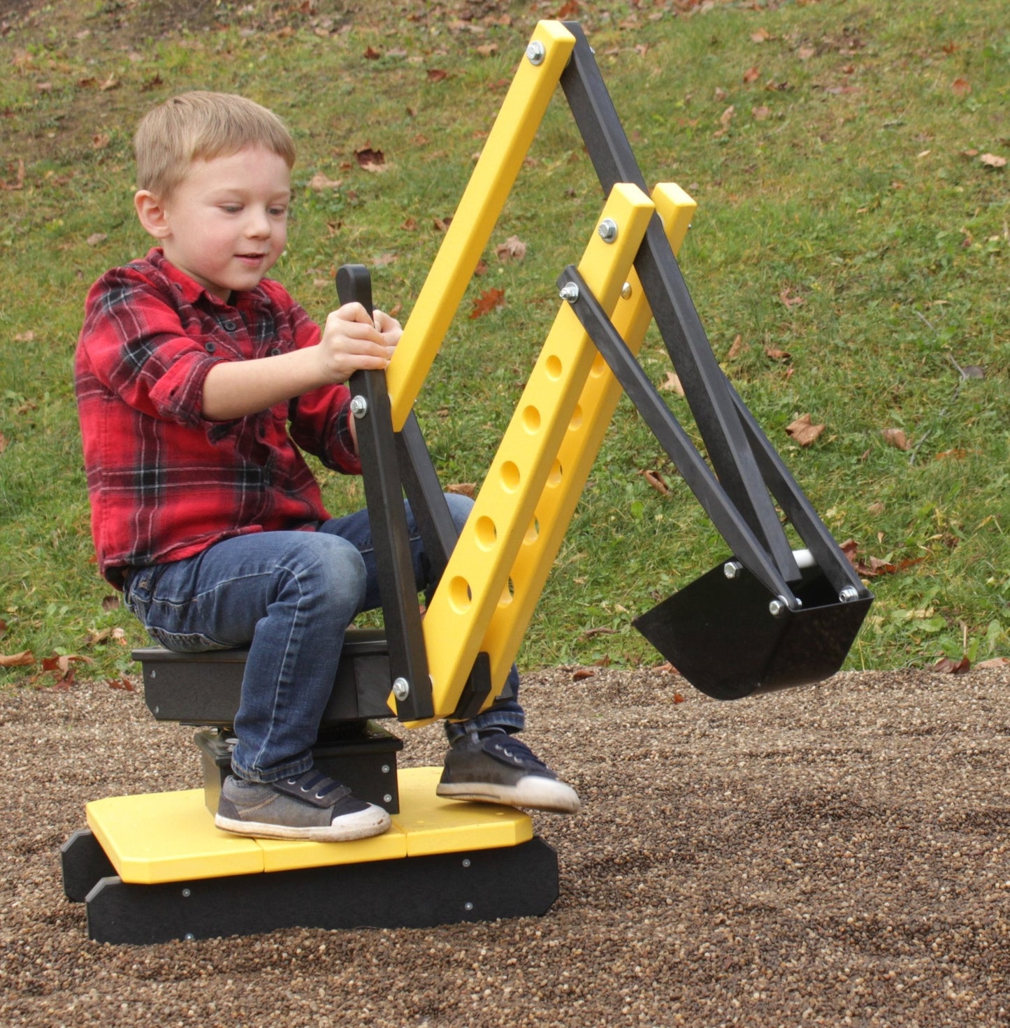 AmishToyBox.com sand digger excavator toy with movable levers and metal digging bucket, ideal for imaginative play and construction fun.