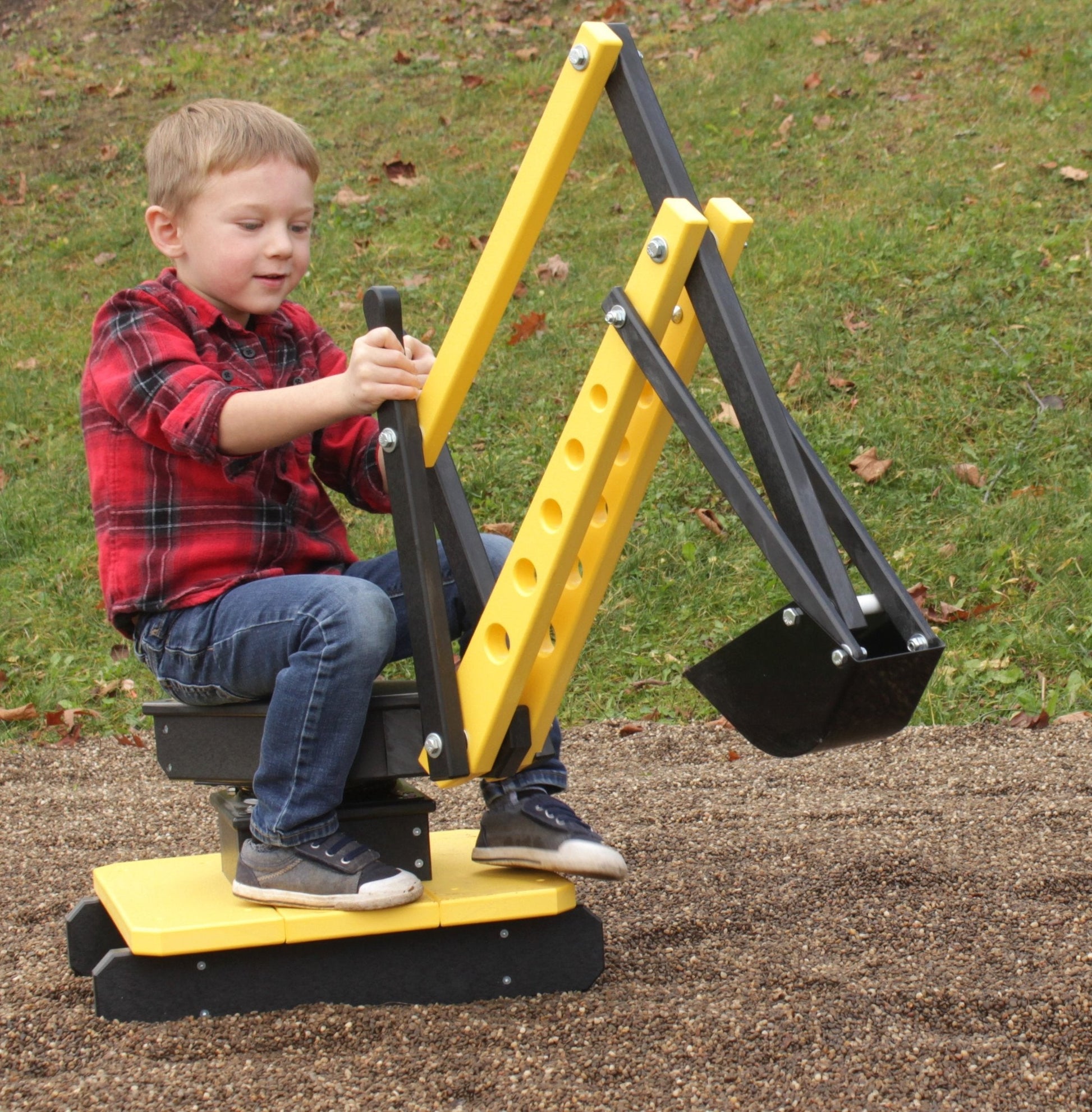 AmishToyBox.com sand digger excavator toy with movable levers and metal digging bucket, ideal for imaginative play and construction fun.