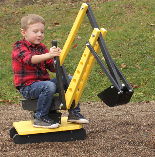AmishToyBox.com sand digger excavator toy with movable levers and metal digging bucket, ideal for imaginative play and construction fun.