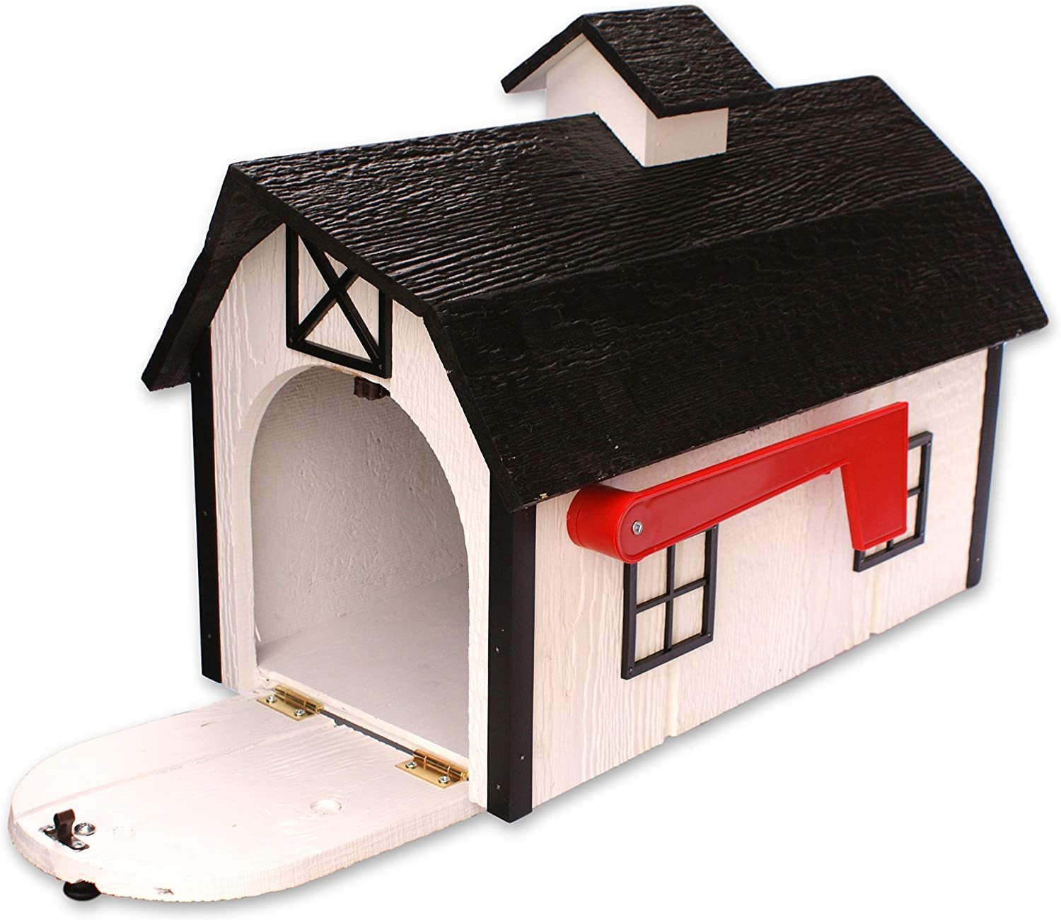 Amish-made wooden Dutch barn style mailbox mounted on a post, featuring natural wood finish and traditional design.