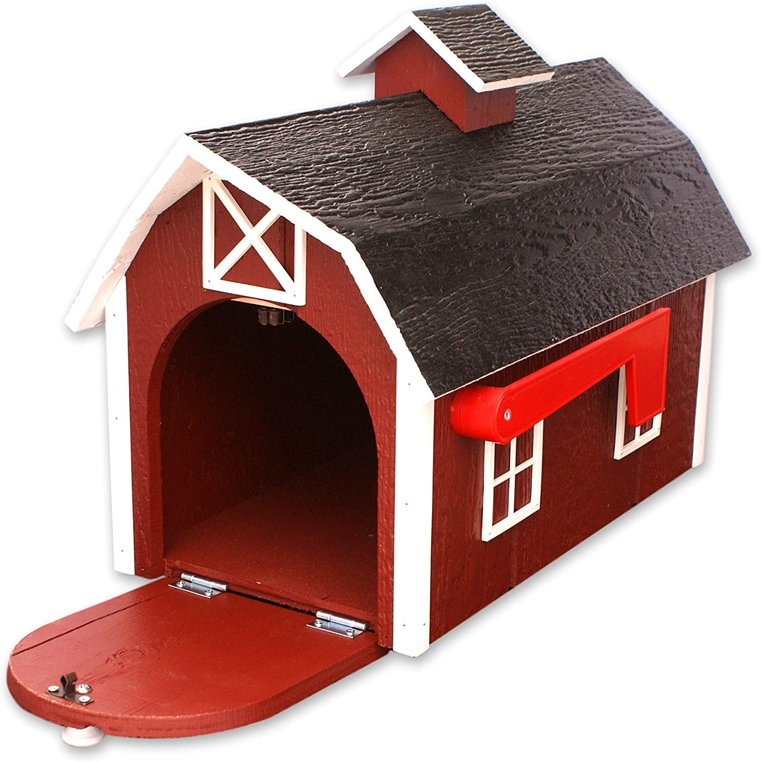 Amish-made wooden Dutch barn style mailbox mounted on a post, crafted from durable wood for residential home improvement.