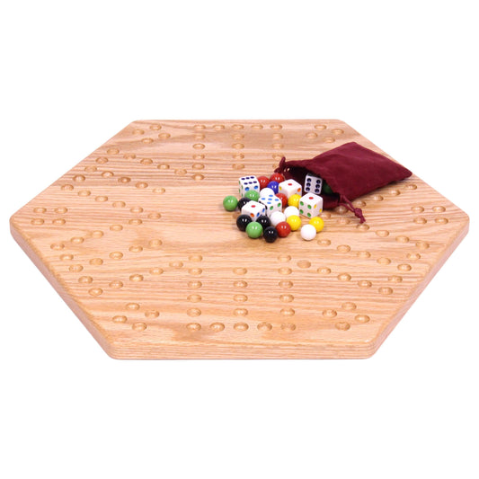Unpainted solid oak 16-inch aggravation game board, double-sided wooden toy with holes, designed for family game fun.