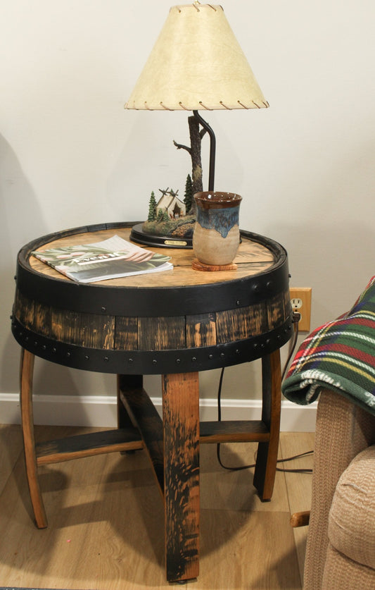 Amish-made rustic whiskey barrel end table with reclaimed wood and barrel ring accents, crafted for vintage farmhouse decor.