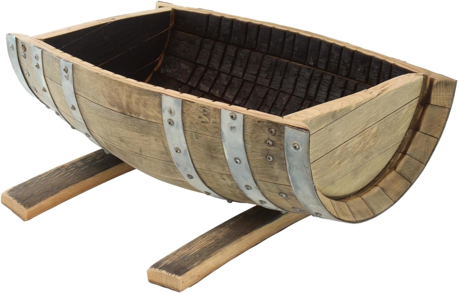 Rustic flower planter made from white oak whiskey barrels by AmishToyBox.com, suitable for indoor or outdoor use.