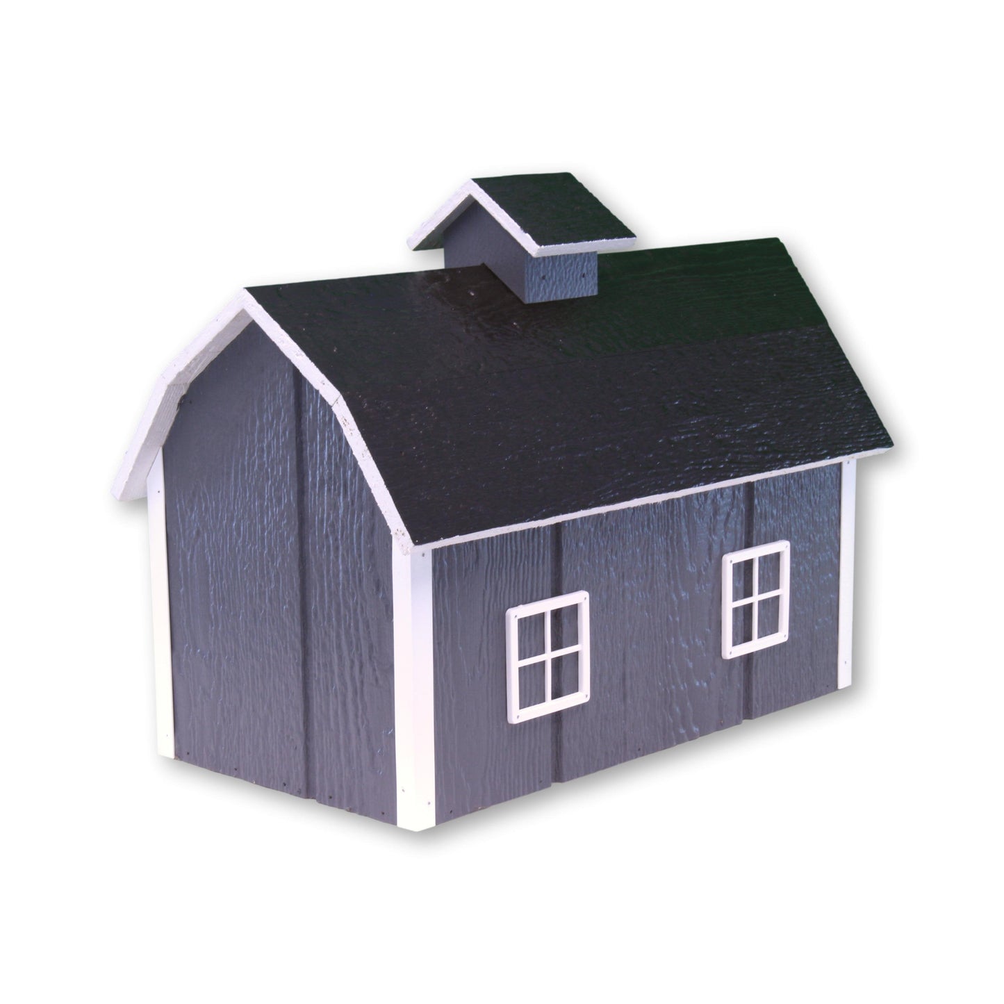Amish-made wooden Dutch barn style mailbox mounted on post, handcrafted in natural wood for home improvement and curb appeal.