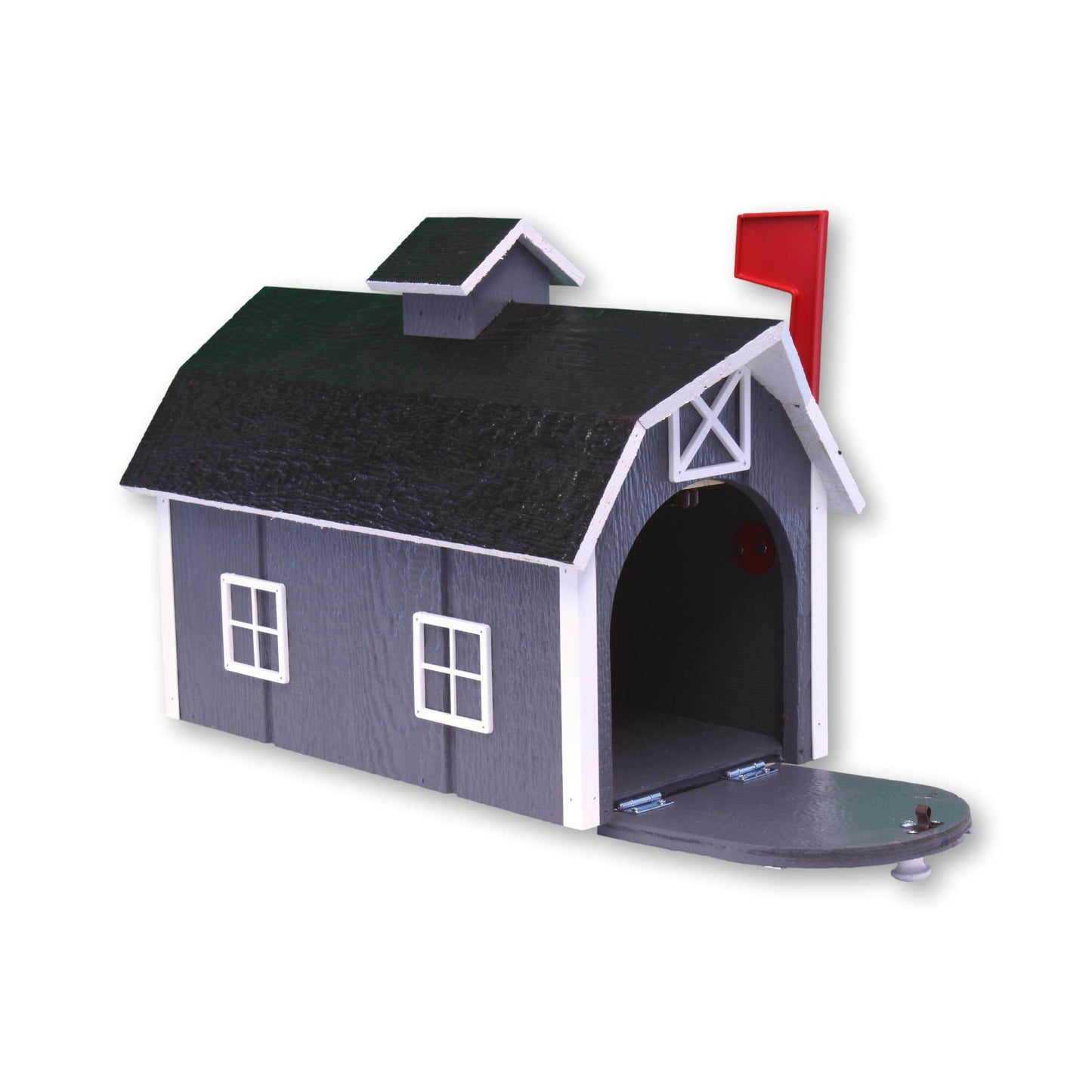 Amish-made Dutch barn style wooden mailbox mounted on a post, handcrafted for durable outdoor home improvement.