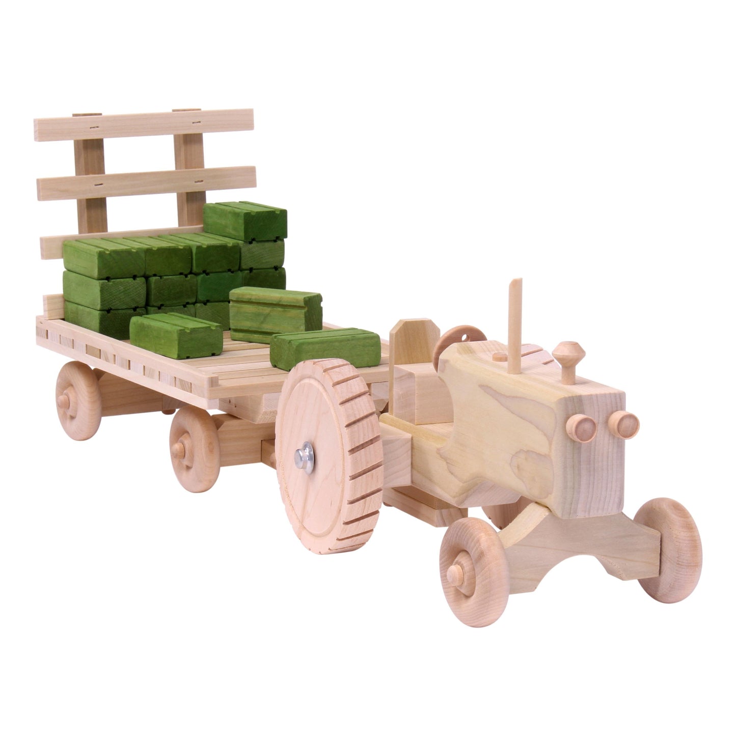 Amish-made wooden toy tractor and hay wagon set with hay bales, perfect for children's imaginative farm play.