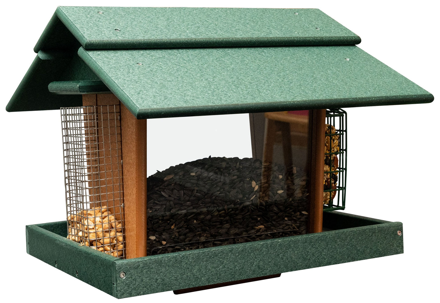 Eco-friendly poly lumber AmishToyBox Classic bird feeder with suet holder and peanut feeder, post-mount for lawn and patio.