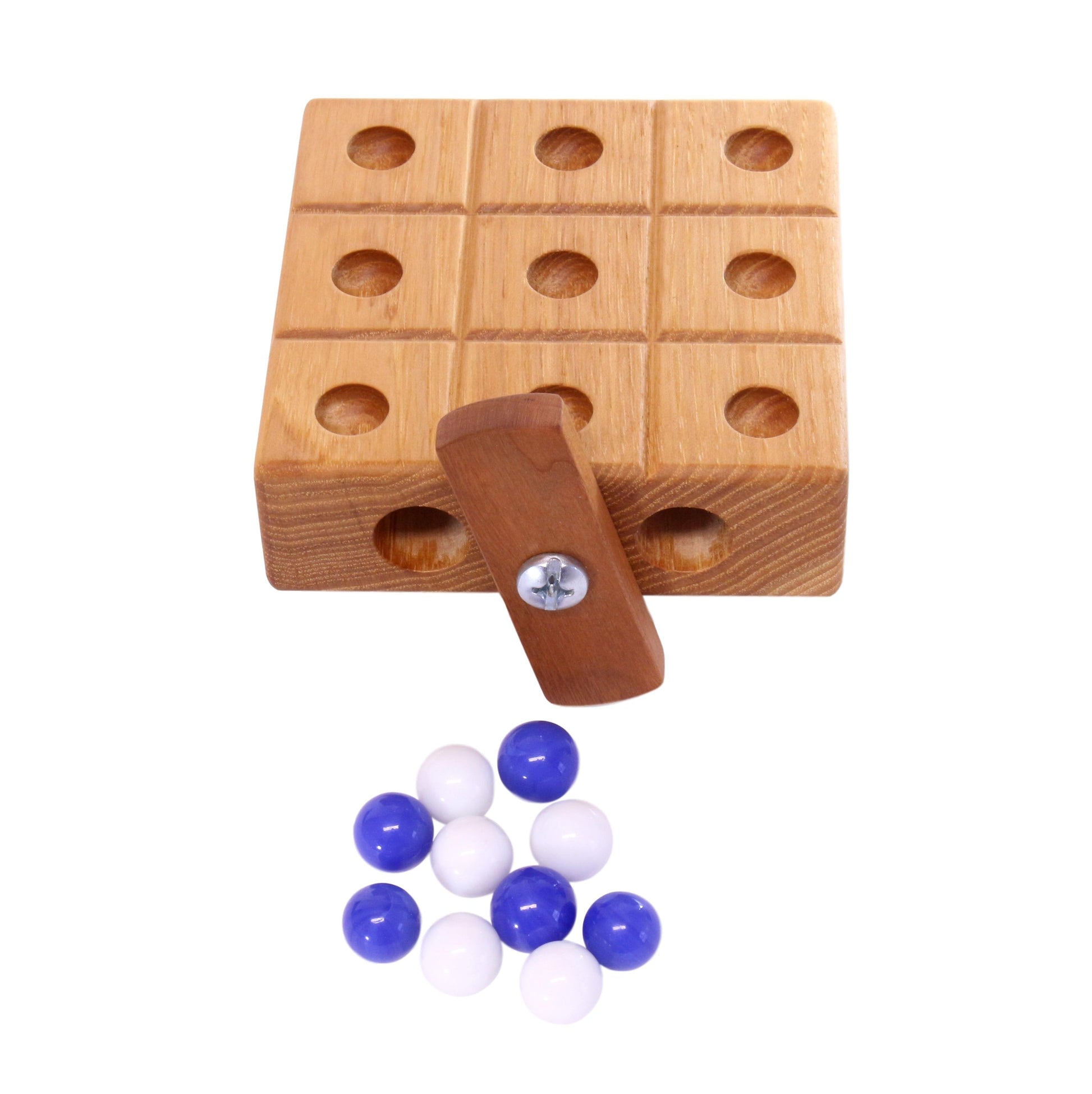 Wooden Tic Tac Toe game with marble storage, handcrafted AmishToyBox.com wooden toy for kids' classic game fun.