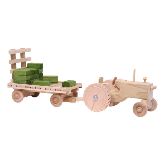 Amish-made wooden toy tractor and hay wagon set with hay bales, perfect for kids' pretend play and farm-themed activities.