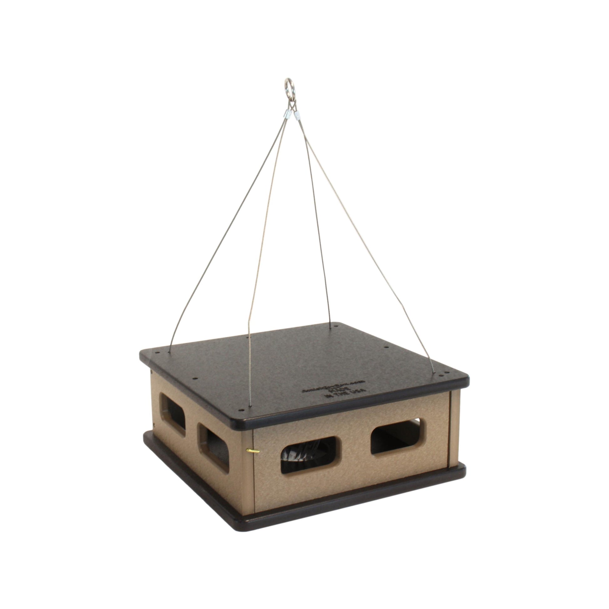 Bluebird hanging block house mealworm feeder made of poly lumber, designed for attracting bluebirds, Amish-made lawn and patio decor