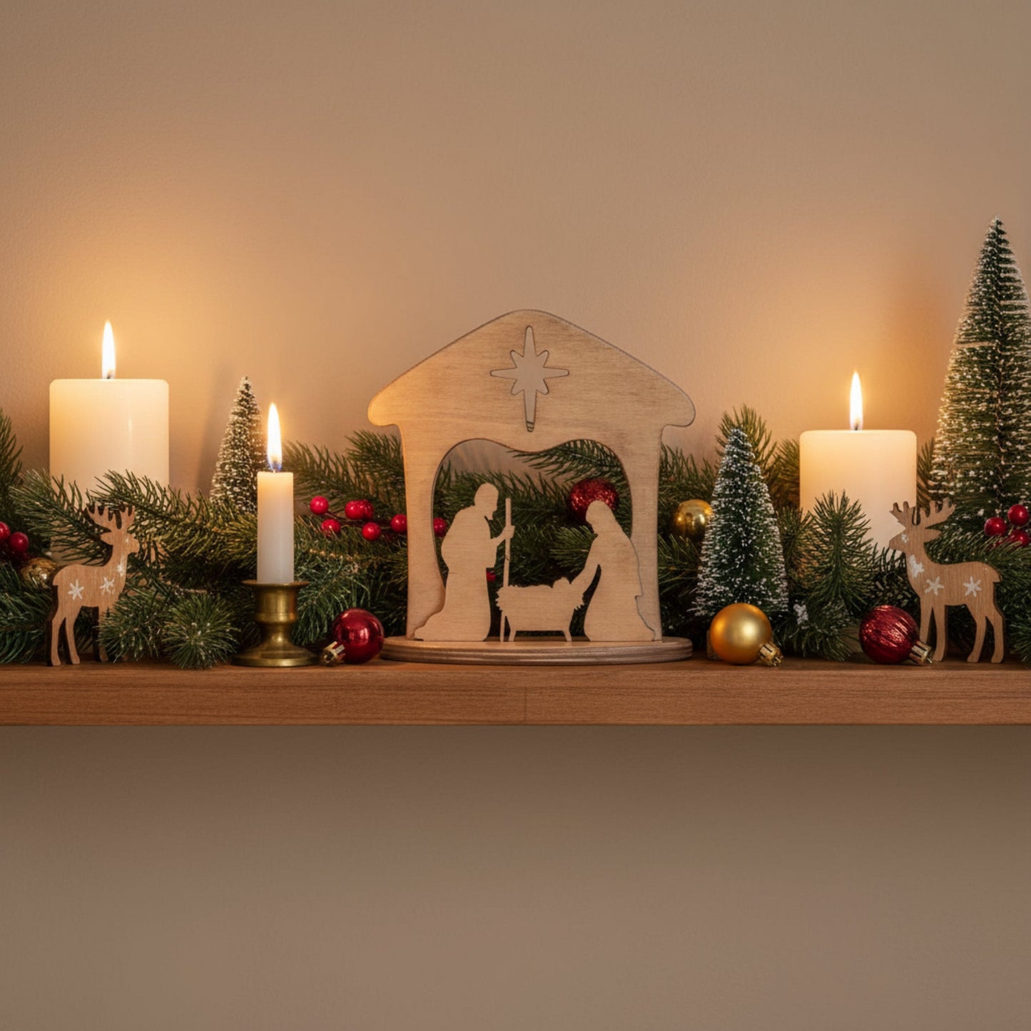 Wooden nativity scene by AmishToyBox.com featuring a one-piece Christmas manger set for mantel or shelf display.