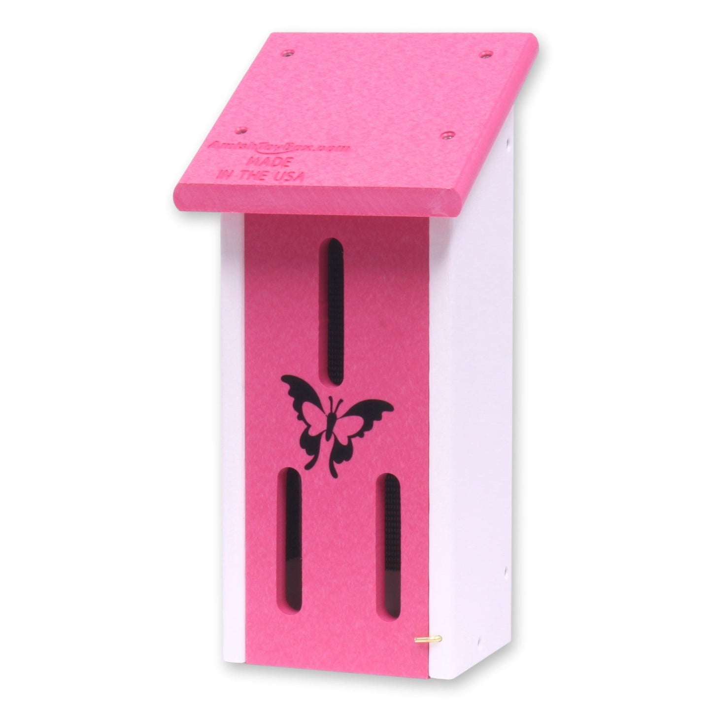 Amish-made butterfly house crafted from eco-friendly poly lumber, designed to attract and shelter butterflies in the garden.
