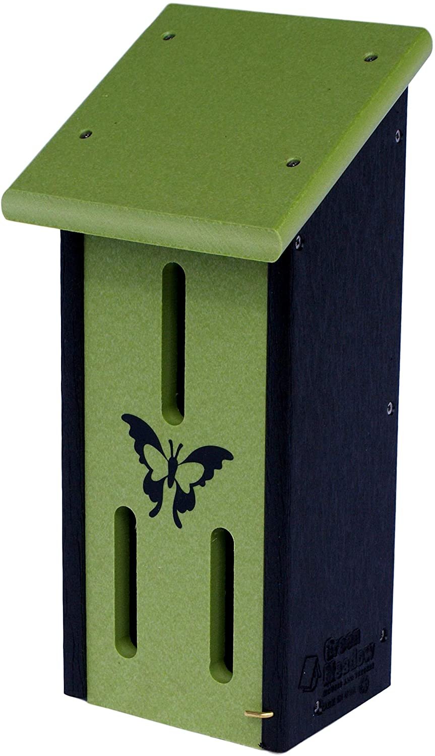Amish-made butterfly house crafted from eco-friendly poly lumber, designed to attract and protect butterflies in your garden.