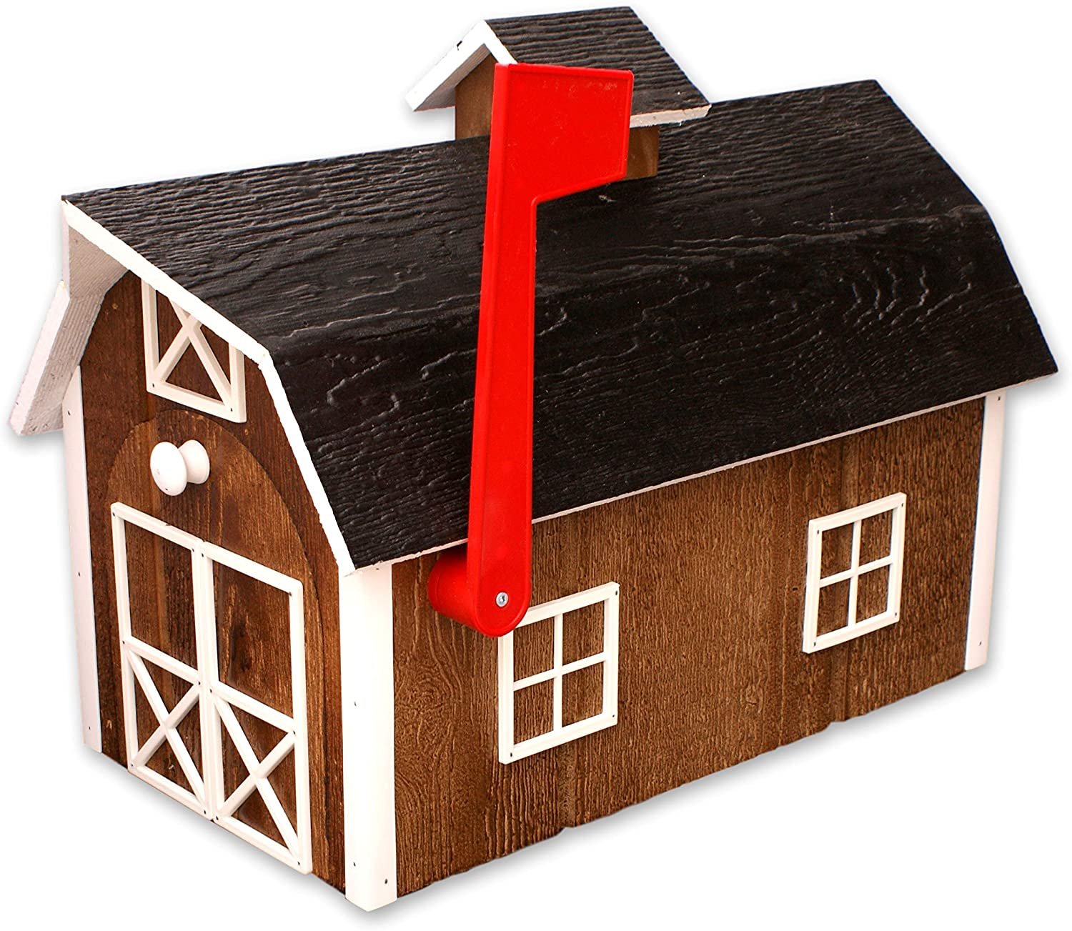 Amish-made wooden mailbox in Dutch barn style, post-mount design, crafted from durable wood for outdoor home improvement.