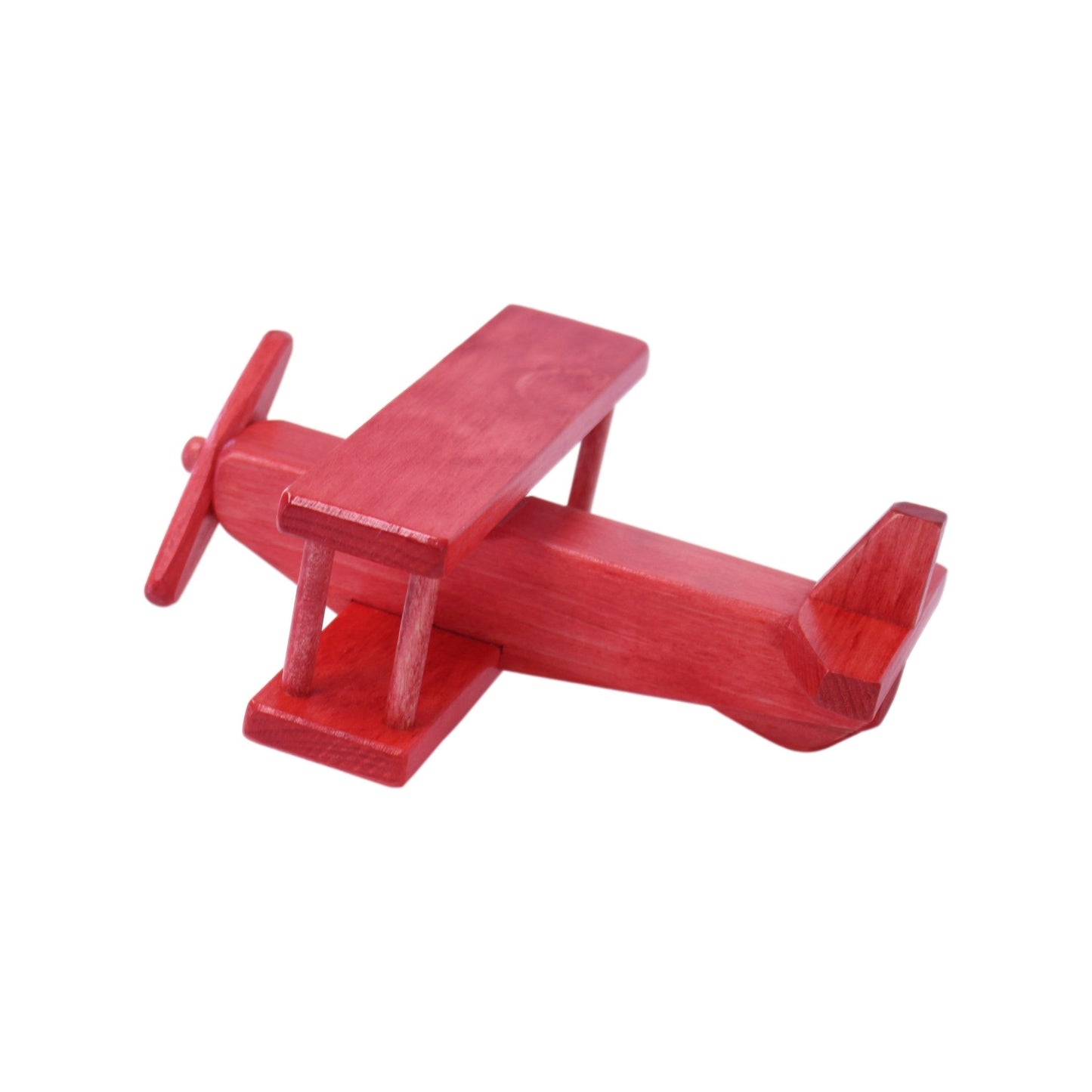 Wooden toy airplane with spinning propeller, child-safe finish, crafted by AmishToyBox.com, featuring a classic flying design.