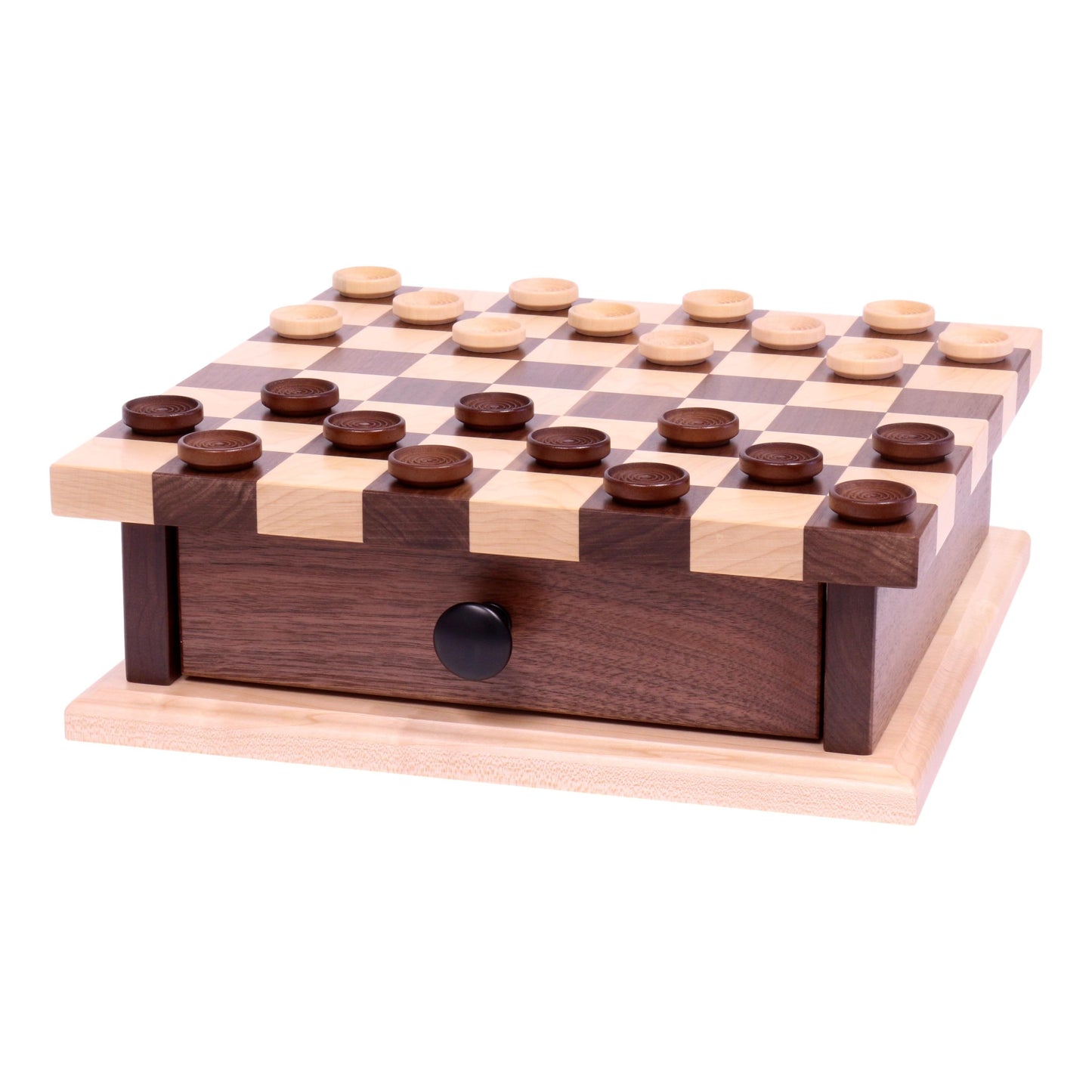 AmishToyBox.com deluxe wooden chess and checkers game board with pullout drawer, crafted from wood for classic tabletop play.