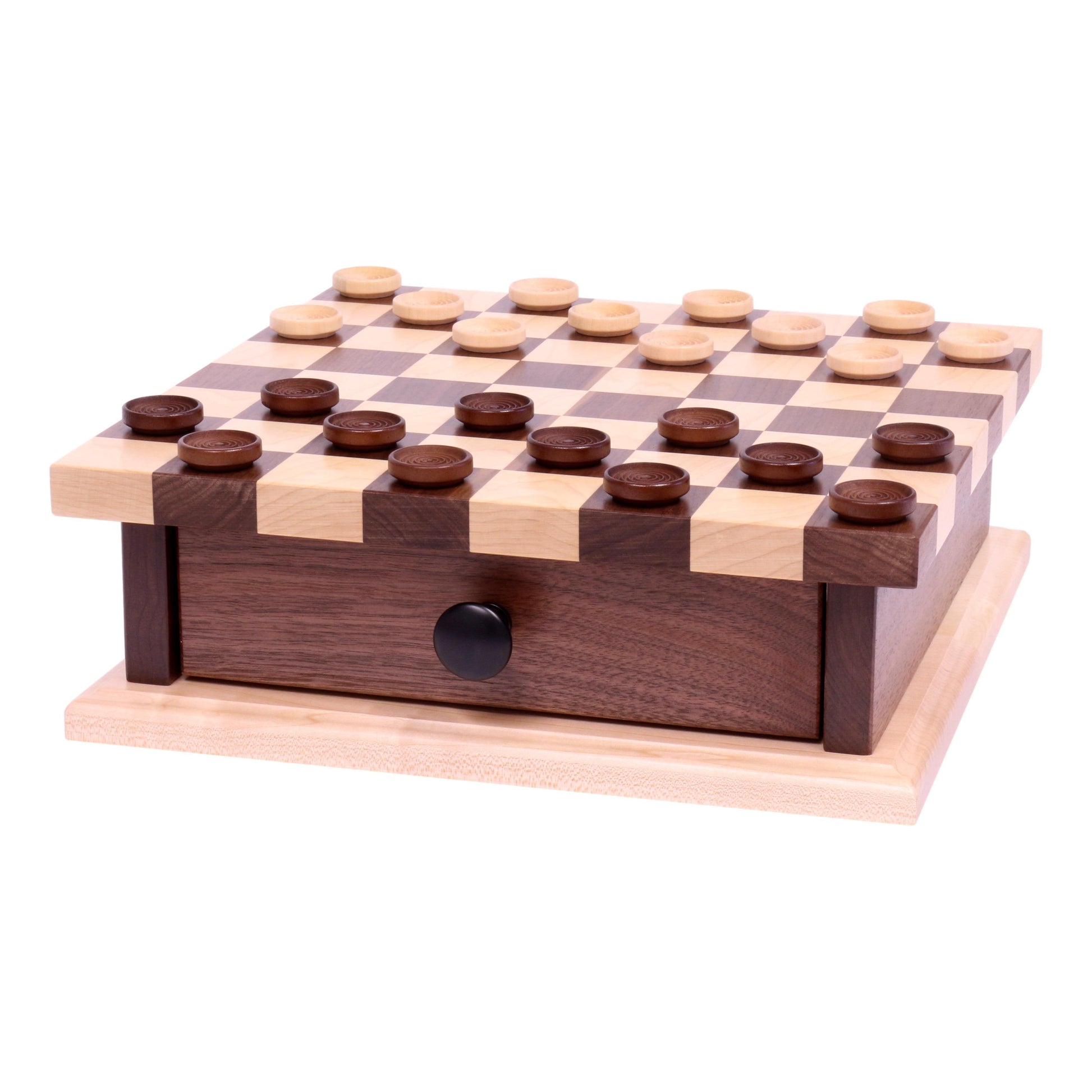 AmishToyBox.com deluxe wooden chess and checkers game board with pullout drawer, crafted from wood for classic tabletop play.