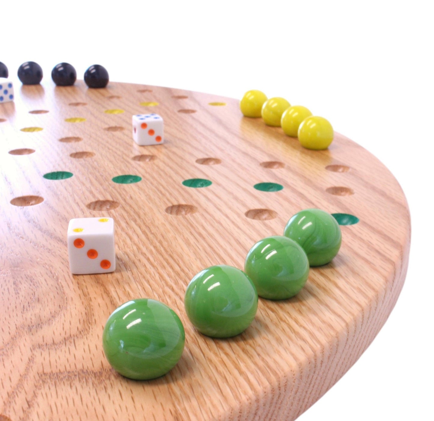 Round solid oak wood aggravation game board set, double-sided, designed for fun and strategic play by AmishToyBox.com