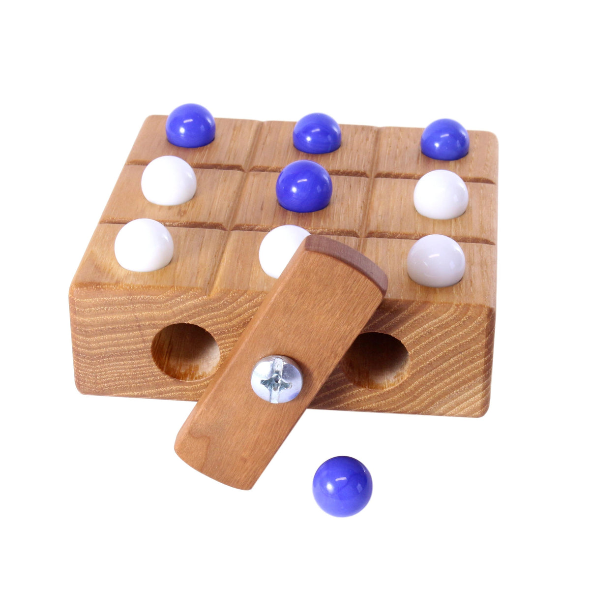 Wooden Tic Tac Toe game with built-in marble storage, AmishToyBox.com wooden toy featuring a classic design and colorful marbles.