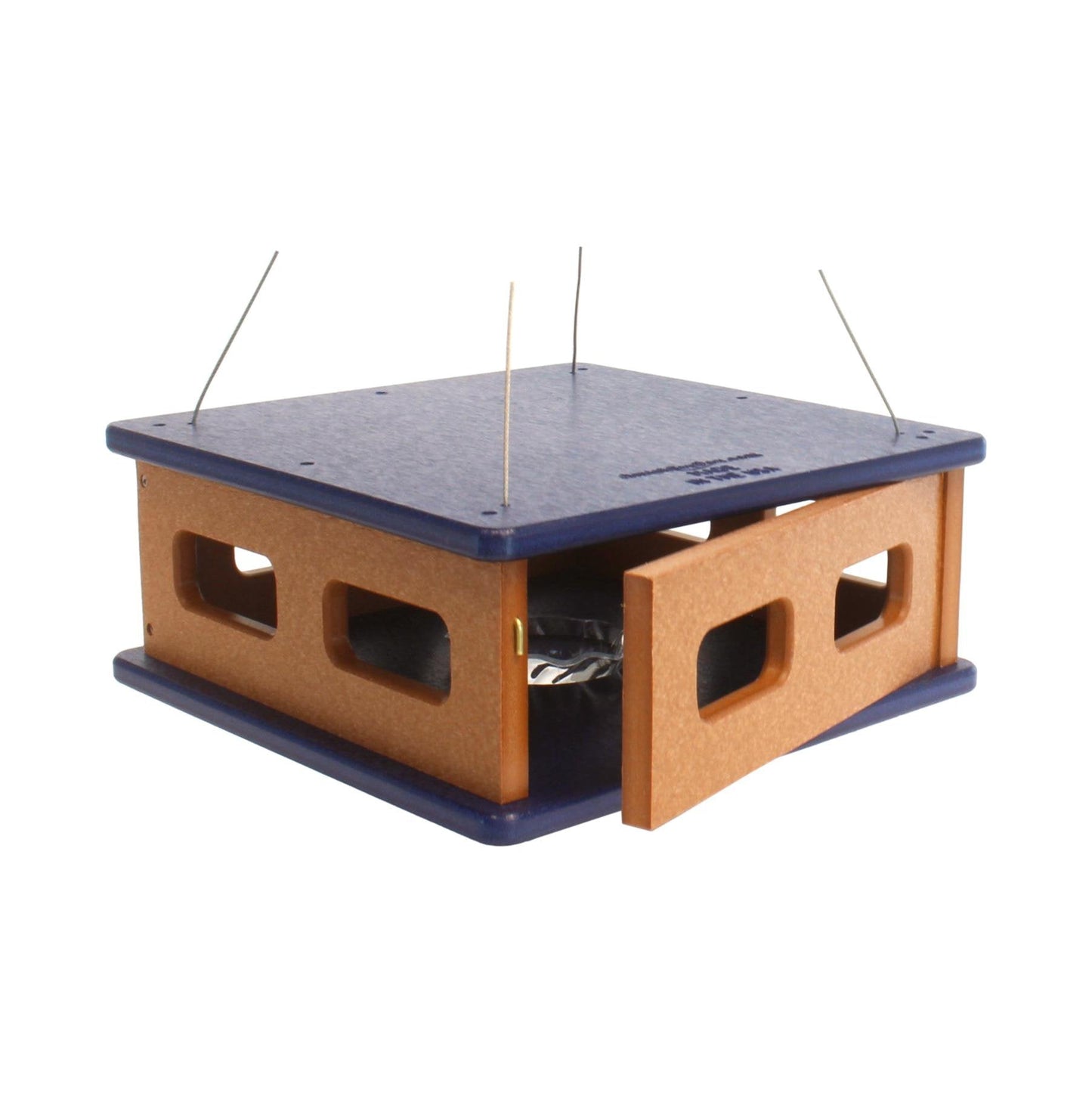 Bluebird hanging block house mealworm feeder made of poly lumber, Amish-made lawn and patio bird feeder with bluebird perched.