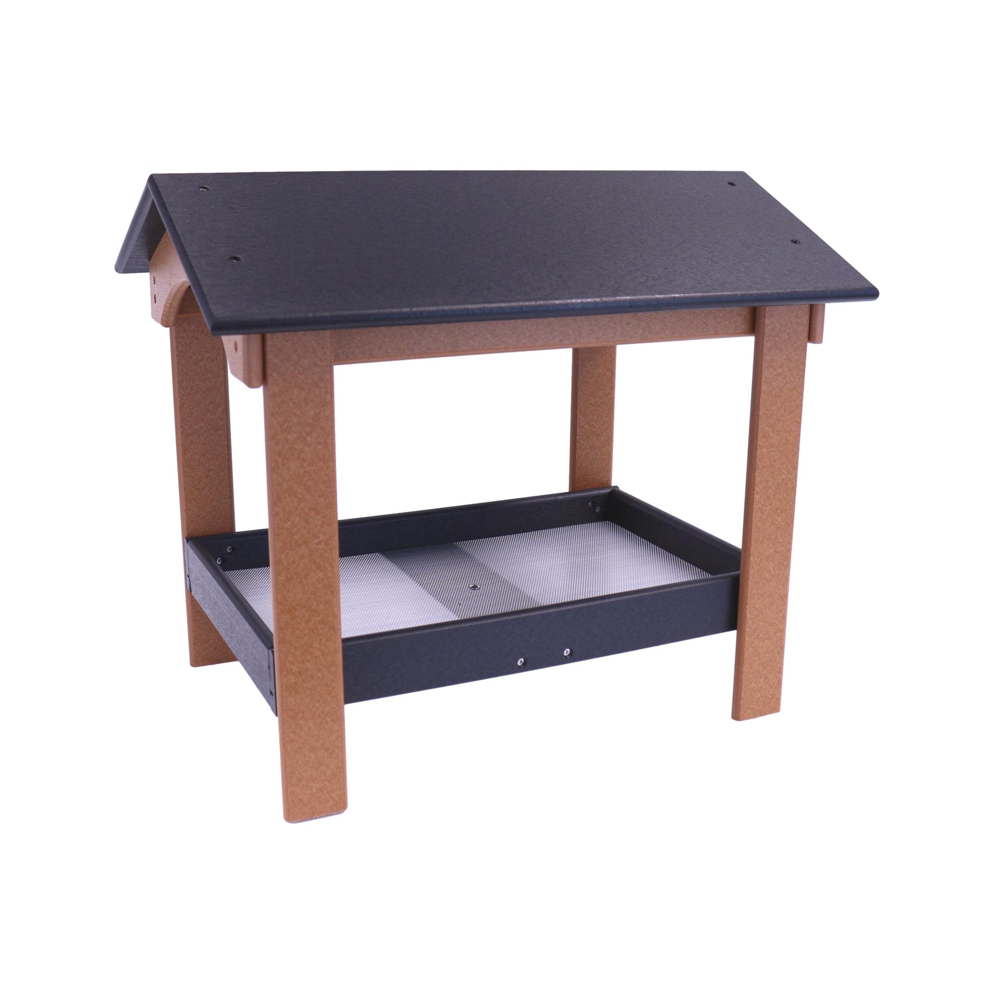Deluxe AmishToyBox.com ground bird feeder with covered design, fly-through entry, screen mesh tray for birds and squirrels.