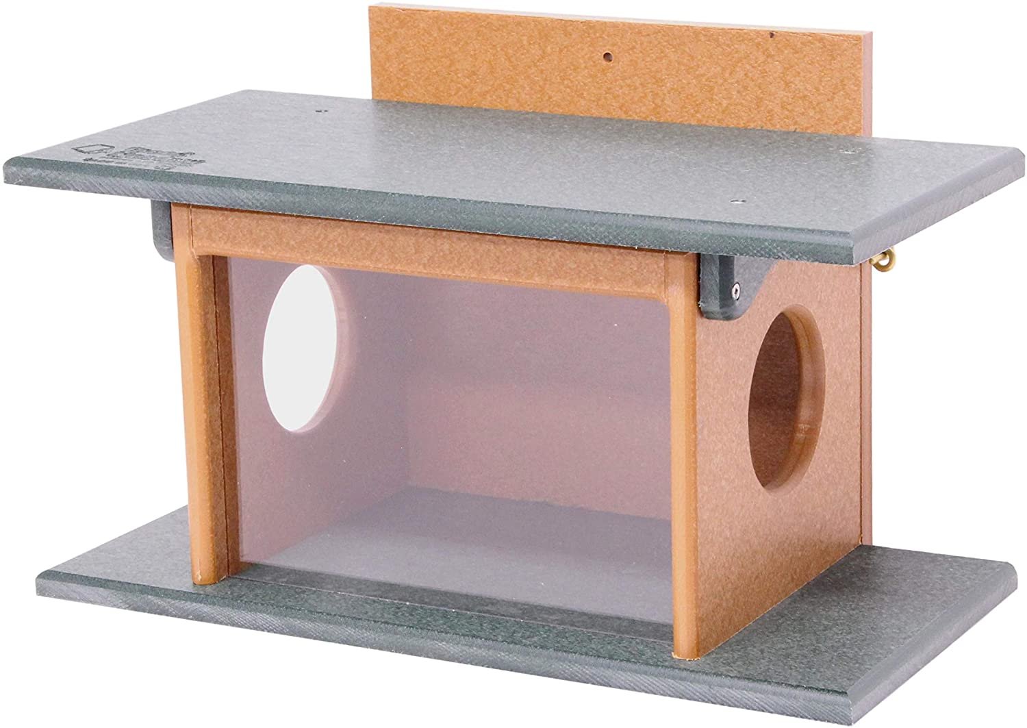Amish-made squirrel corn feeder mounted on a wooden post, made from durable poly lumber, designed for wildlife feeding.