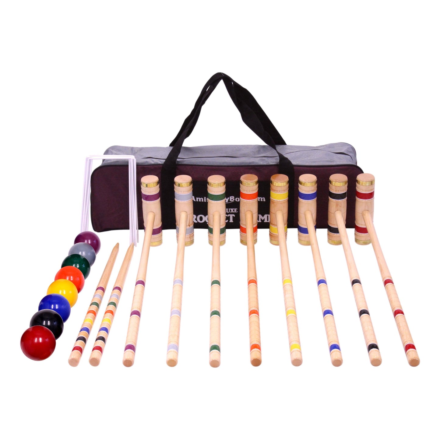 Deluxe 8-player wooden croquet game set with balls, mallets, and carry bag for outdoor backyard fun.