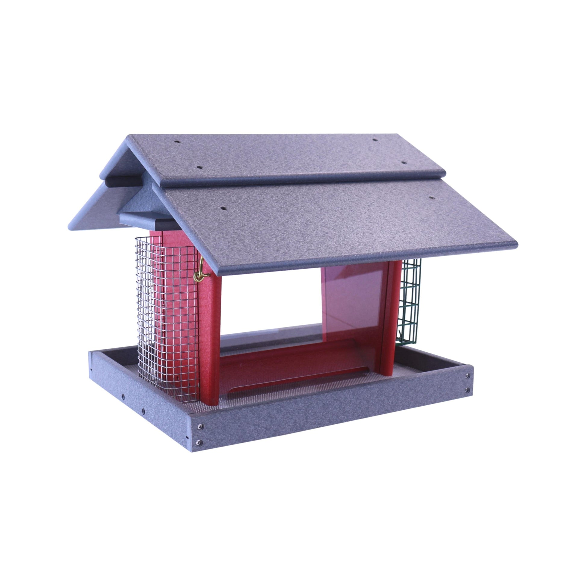 Eco-friendly AmishToyBox.com classic bird feeder with suet holder and peanut feeder, post-mount lawn and patio bird feeding station
