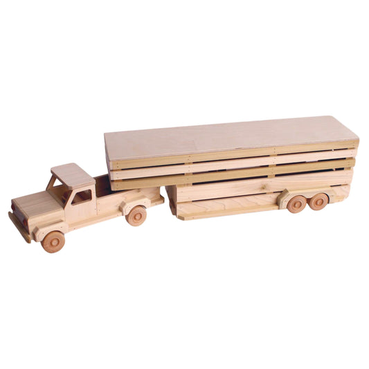 Amish-made wooden toy pickup truck with gooseneck trailer set, farm-themed wooden toy for children, crafted by AmishToyBox.com