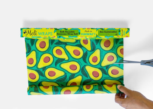Beeswax Wrap Bulk Roll from Meli Wraps with avocado print, natural beeswax coating, ideal for eco-friendly food storage.