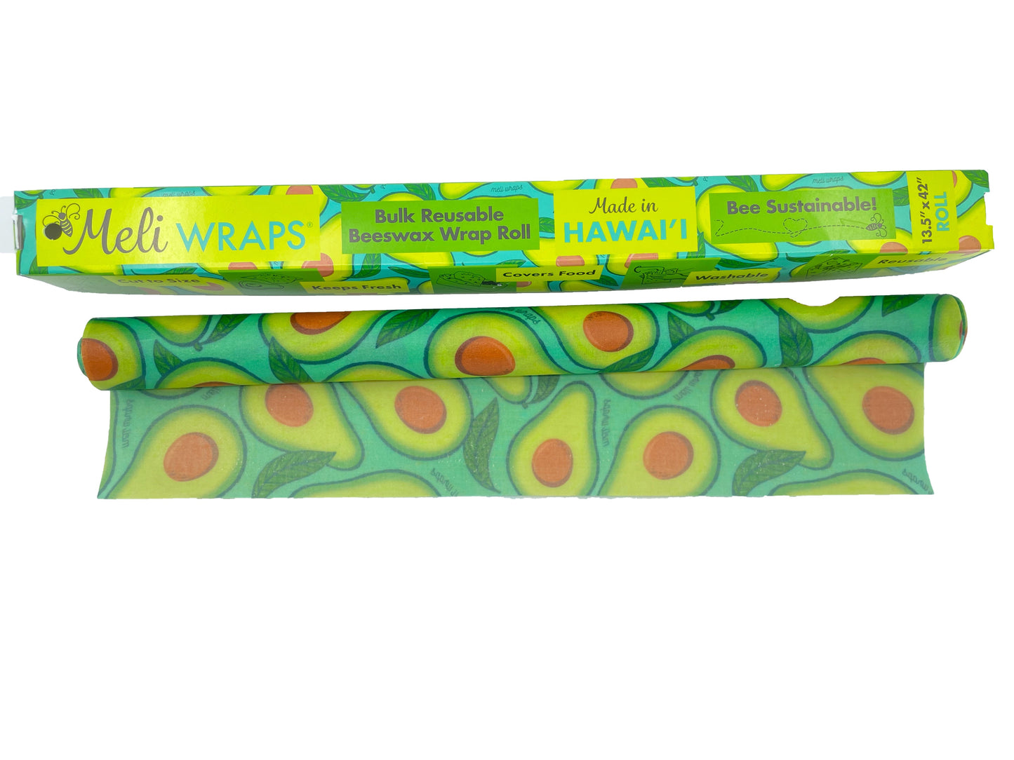 Meli Wraps beeswax roll with avocado print, eco-friendly beeswax wrap bulk roll for food storage and wrapping.