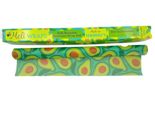 Meli Wraps beeswax roll with avocado print, eco-friendly beeswax wrap bulk roll for food storage and wrapping.