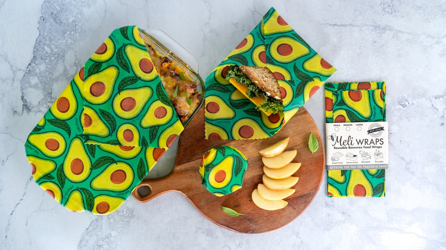 Meli Wraps beeswax roll with avocado print, natural beeswax wraps for food storage, bulk pack, eco-friendly and reusable.