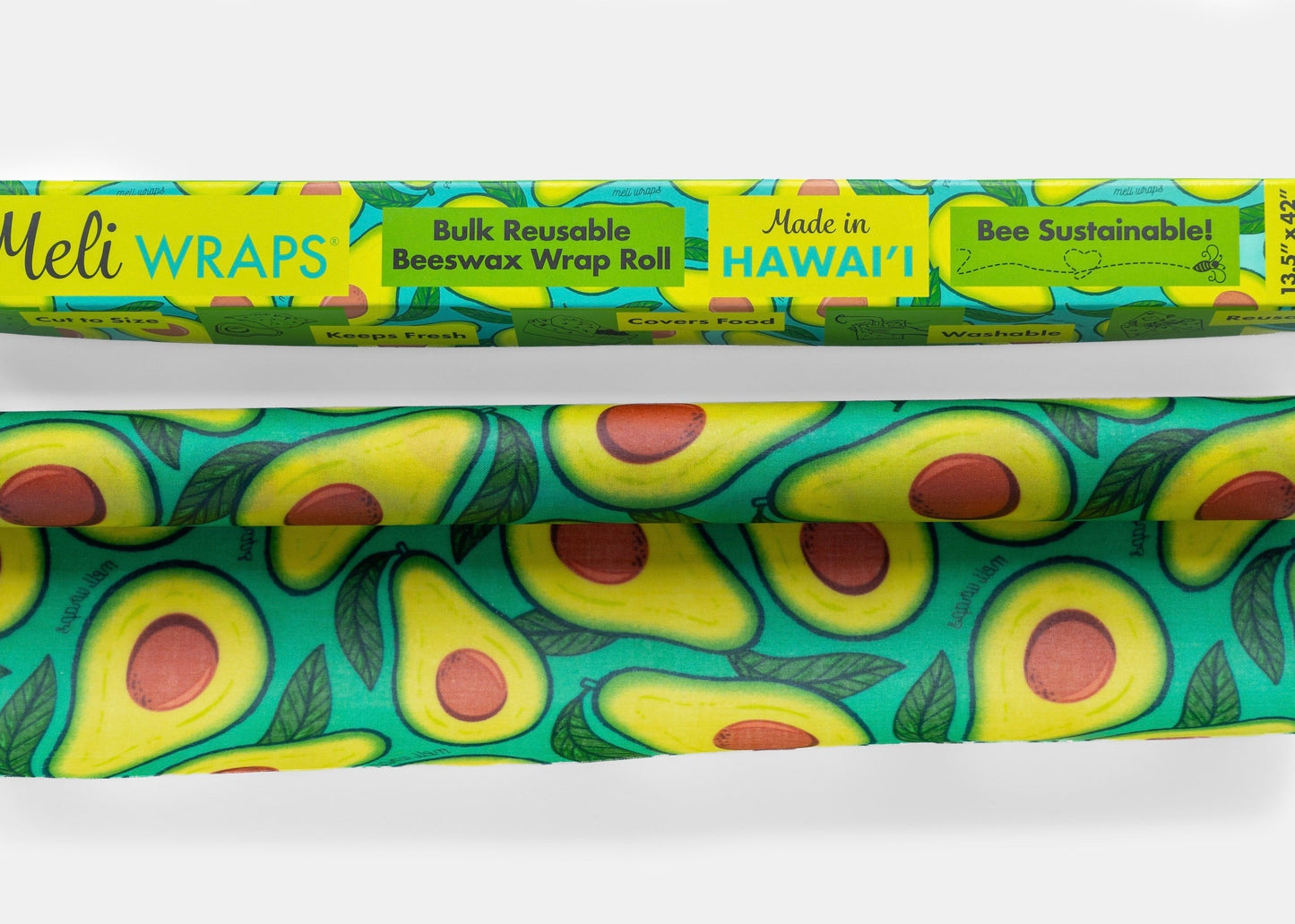 Beeswax Wrap Bulk Roll by Meli Wraps with avocado print, natural beeswax material for eco-friendly food wrapping.