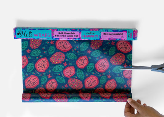 Beeswax Wrap Bulk Roll by Meli Wraps with vibrant dragonfruit print, reusable beeswax wraps for eco-friendly food storage.