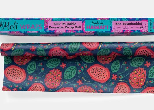 Beeswax Wrap Bulk Roll by Meli Wraps featuring vibrant dragonfruit print, reusable beeswax food wraps for sustainable storage.