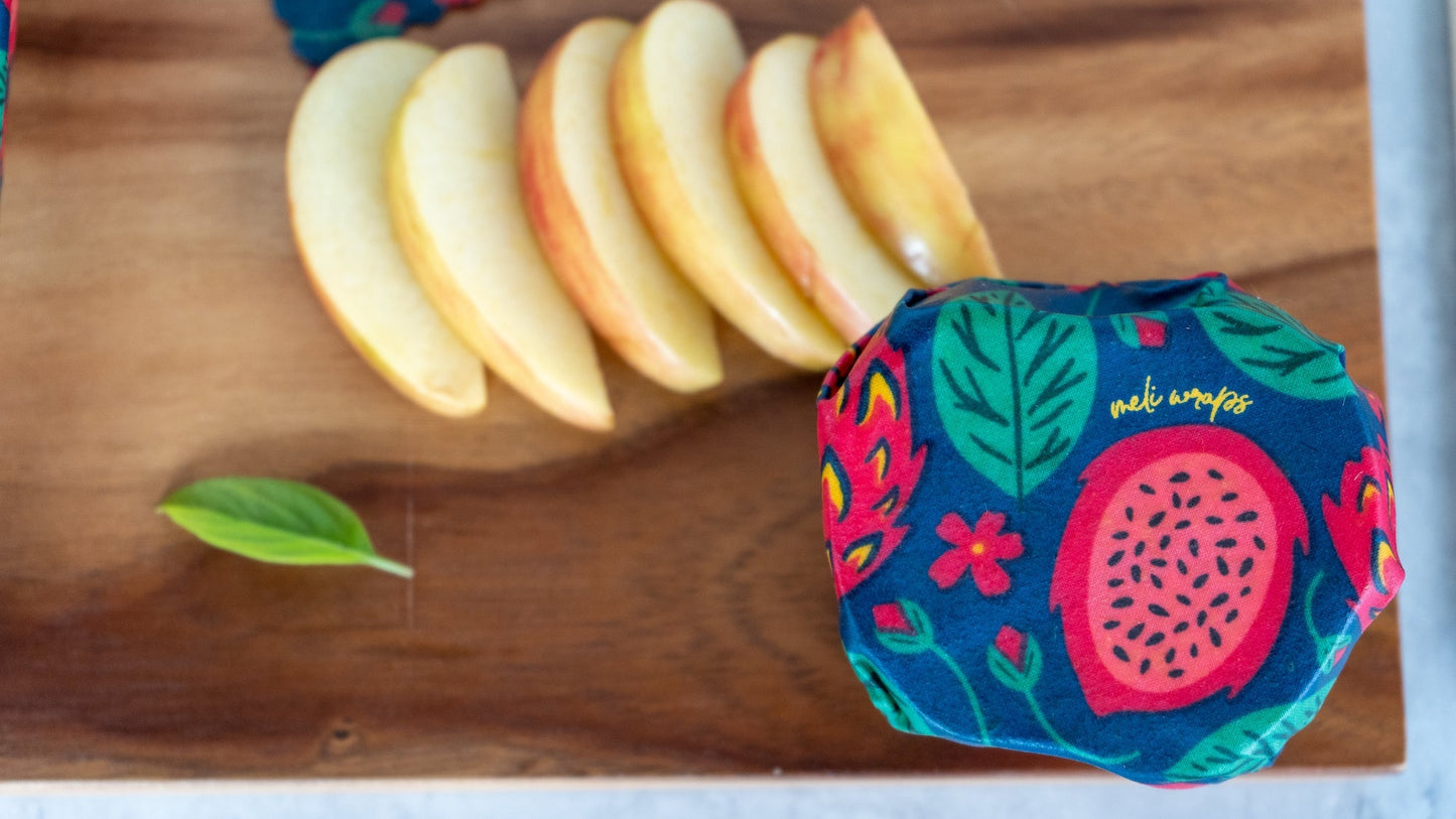 Beeswax wrap bulk roll with dragonfruit print from Meli Wraps, natural reusable beeswax food cover for wrapping food.