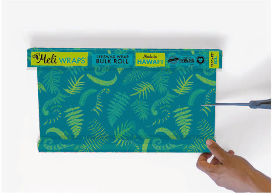 Beeswax Wrap Bulk Roll by Meli Wraps with fern print, reusable beeswax rolls for food wrapping and storage.
