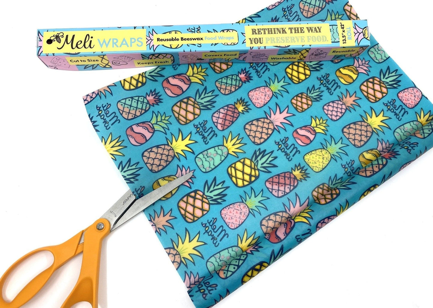 Beeswax Wrap Bulk Roll by Meli Wraps with pineapple print, natural beeswax-coated reusable food wrap roll.