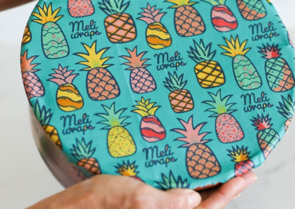 Beeswax Wrap Bulk Roll by Meli Wraps with pineapple print, natural beeswax-coated reusable food wrap for eco-friendly storage.