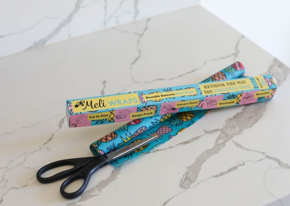 Meli Wraps beeswax roll with pineapple print, natural beeswax wrap bulk roll for food storage and preservation.