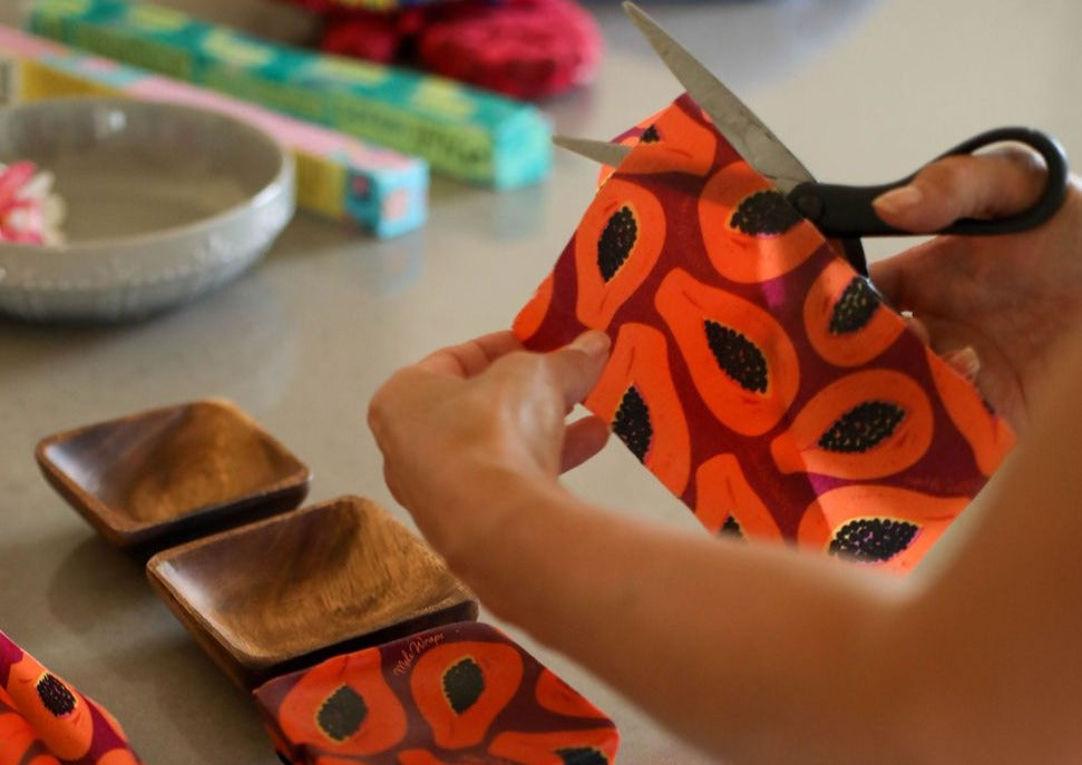 Meli Wraps beeswax roll in purple papaya print, natural beeswax wraps bulk roll for food storage and wrapping.