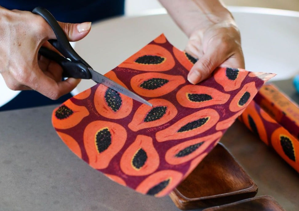 Purple Papaya print Meli Wraps beeswax roll, natural beeswax food wrap in bulk, reusable and eco-friendly kitchen accessory.