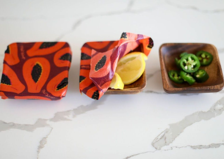 Meli Wraps beeswax roll in purple papaya print, natural beeswax wrap bulk roll for food storage and wrapping.