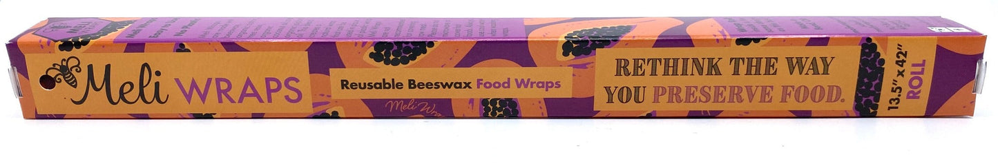 Meli Wraps beeswax roll in purple papaya print, natural beeswax wrap bulk roll for food storage and wrapping.