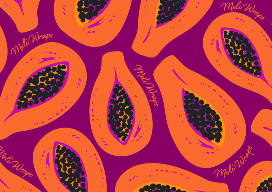 Meli Wraps beeswax roll in purple papaya print, natural beeswax wrap bulk roll for food storage and eco-friendly wrapping.
