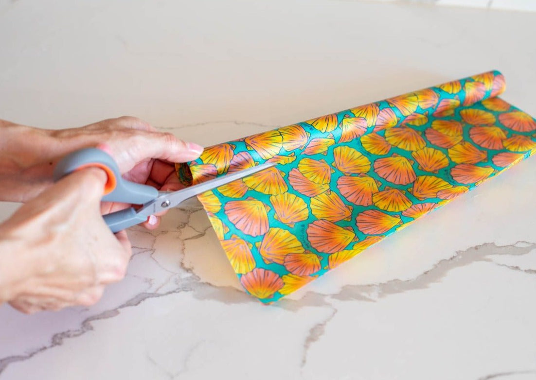 Beeswax Wraps bulk roll with shells print by Meli Wraps, natural beeswax-coated reusable food wrap in a colorful shells design.
